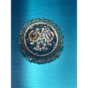Vintage Milifiore Brooch Pin Micro Mosaic Tile Flowers Roses  Silver Filigree